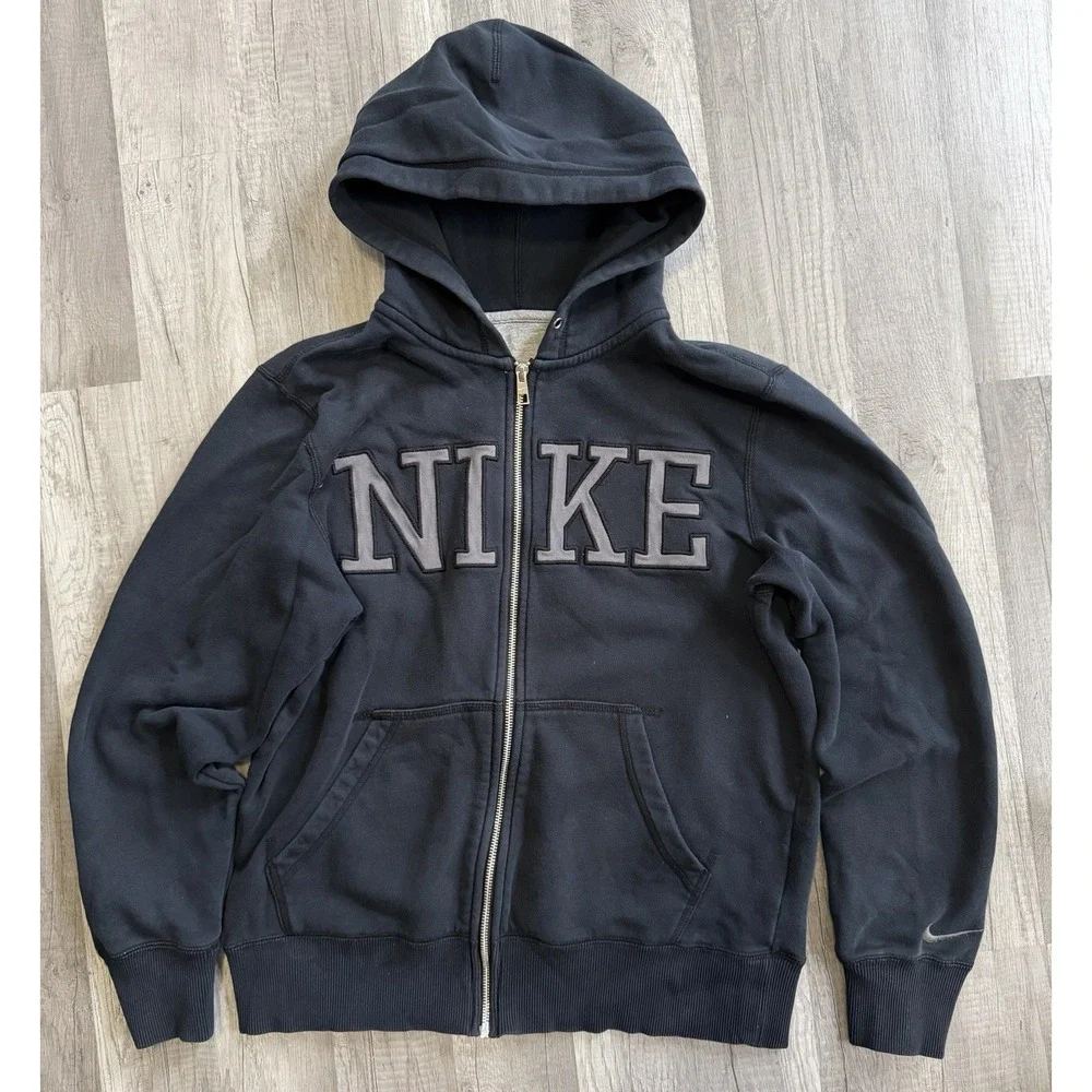 Nike Hoodie Mens Medium Black Full Zip Sweatshirt Logo 446576 Fleece Lined Y2k